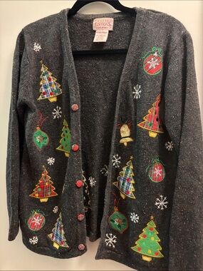 Vintage Women’s Medium Basic Editions Dark Gray Christmas Embroidered Cardigan